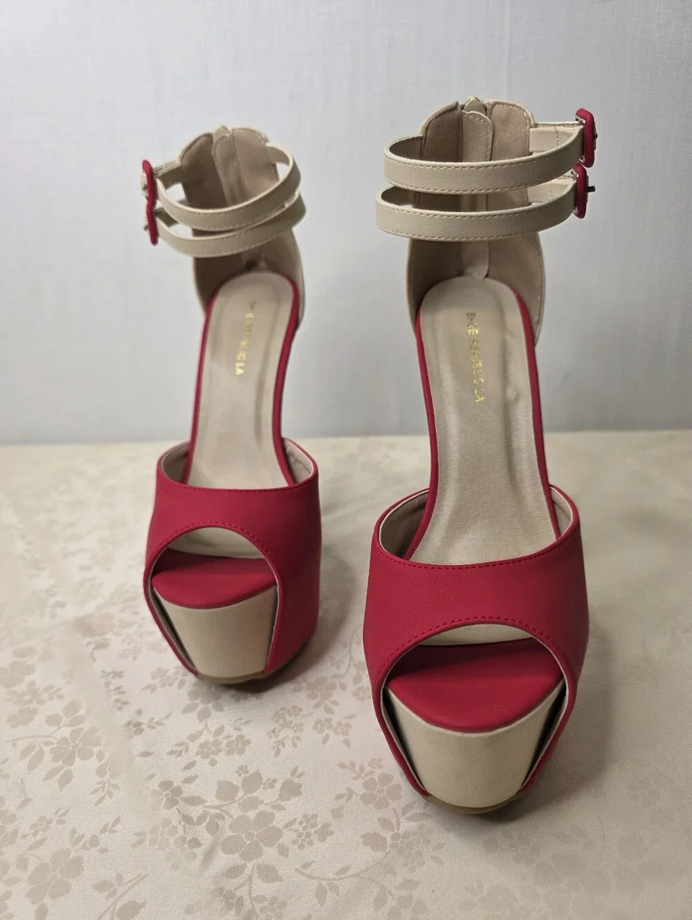Shoe Republic LA Red & Beige Colorblock Platform Stiletto Heels Sz 7.5 NEW
